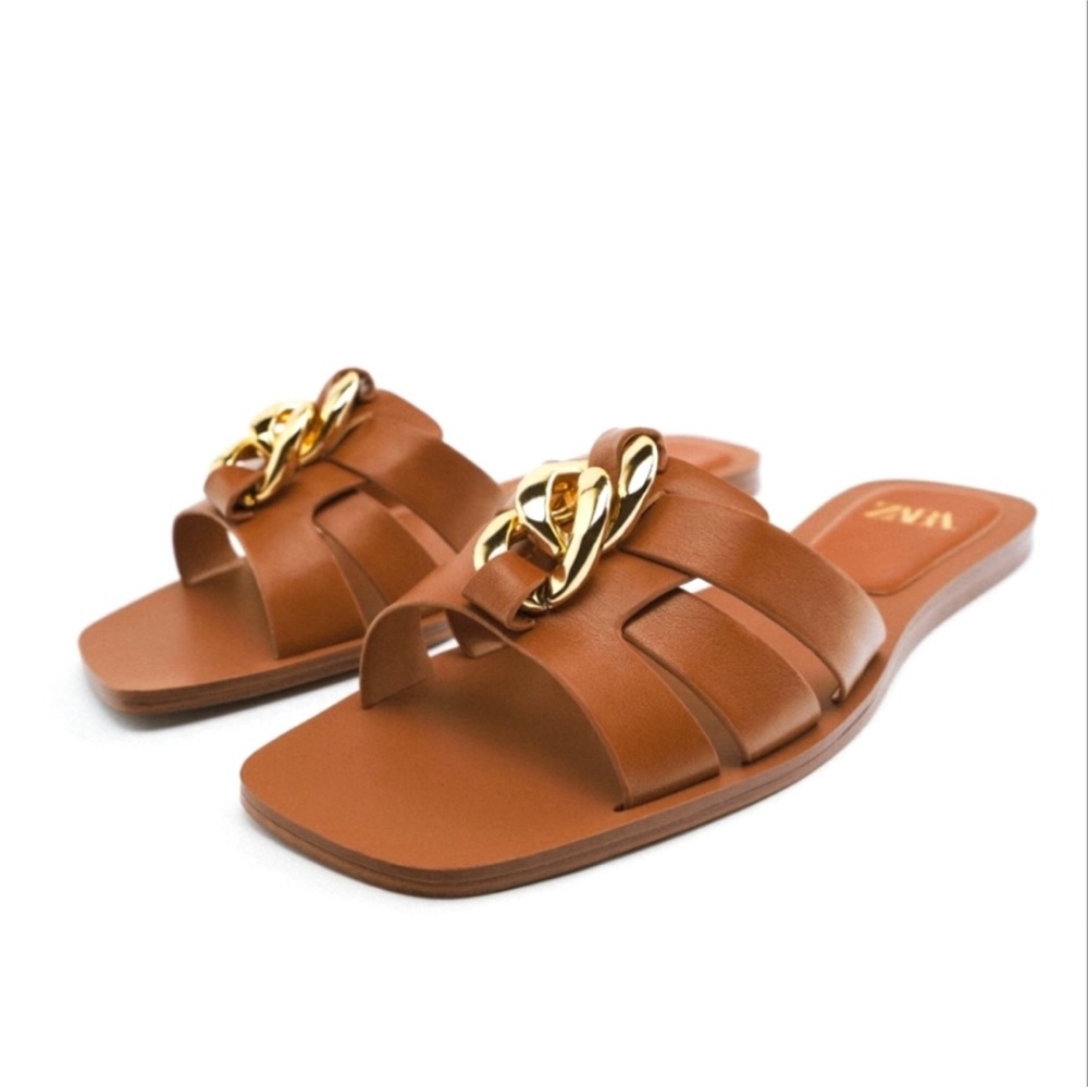 New Zara Brown Tan Slide Sandals with Gold Accent 37 7
